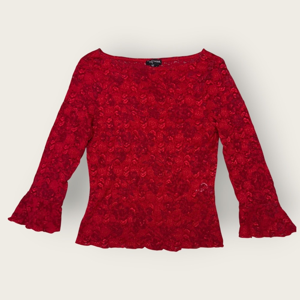Womens My Michelle Lace Top Red Floral Bell Sleeve Metallic Shimmer Large
